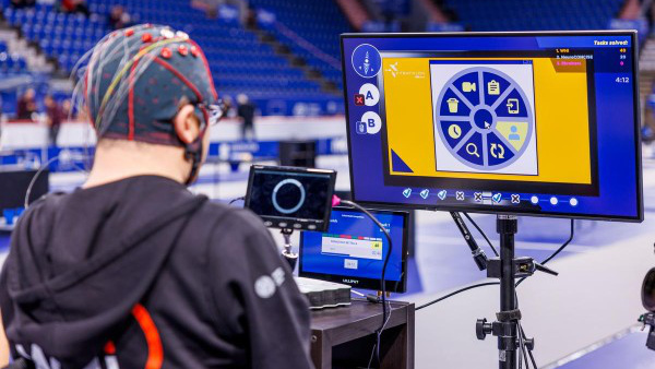 The game is played only using the players thoughts. Player wearing a Brain-Computer-Interface playing the game.
